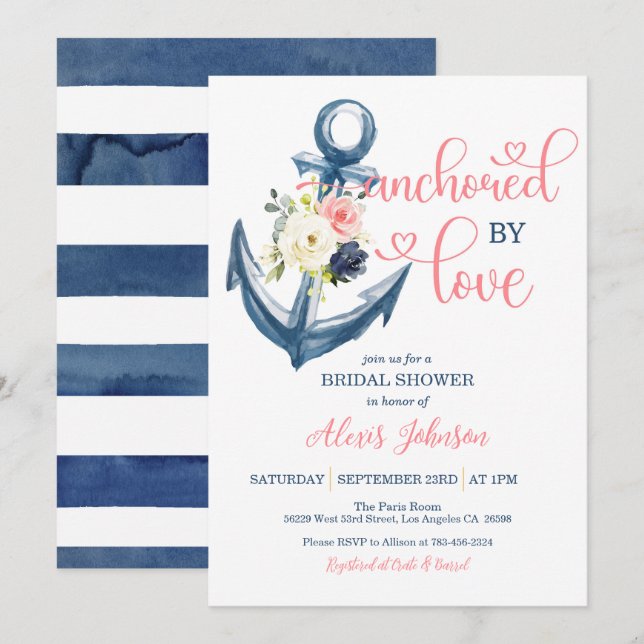 Nautical Anchored By Love Bridal Shower (Pink) Invitation (Front/Back)