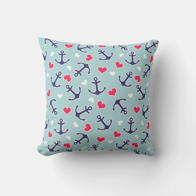 Nautical  Anchors and Hearts Pattern Throw Pillow (Front)