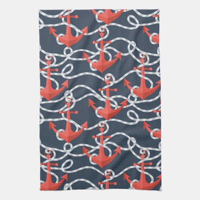 Nautical Anchors And Rope Pattern Kitchen Towel (Vertical)