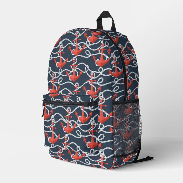 Nautical Anchors And Rope Pattern Printed Backpack (Back Corner Right)