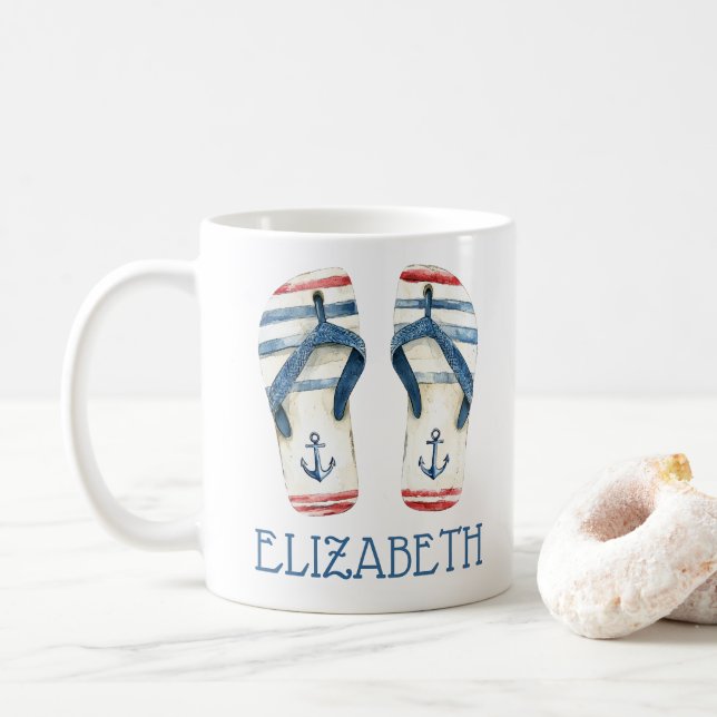 Nautical Anchors and Stripes Flip Flops Coffee Mug (With Donut)