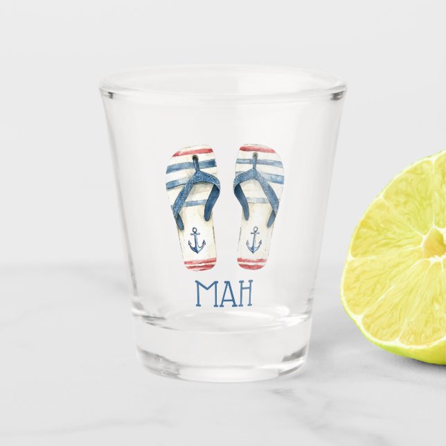 Nautical Anchors and Stripes Flip Fops Monogram Shot Glass (Front)