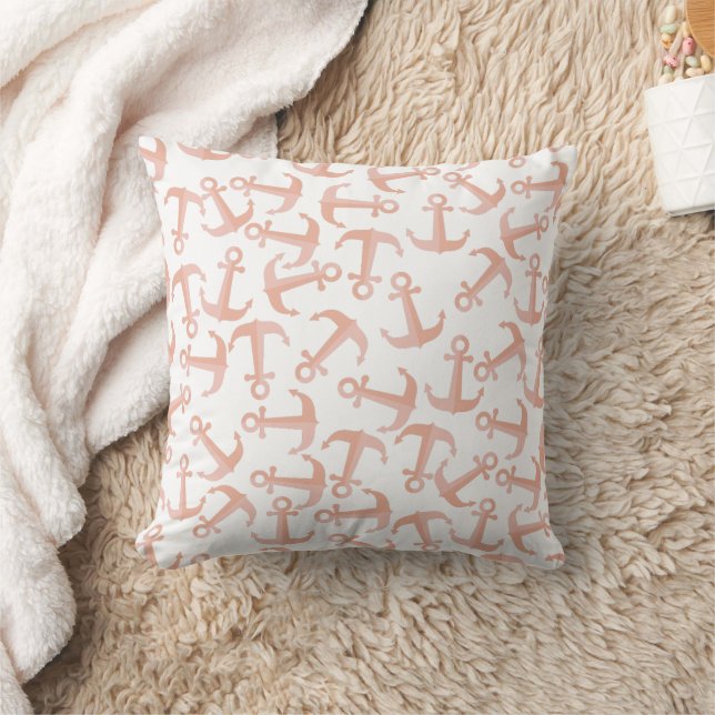 Nautical Anchors Beach House Lakeside Boho Beige Throw Pillow (Blanket)