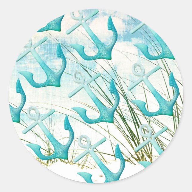 Nautical Anchors Beach Ocean Seaside Coastal Theme Classic Round Sticker (Front)