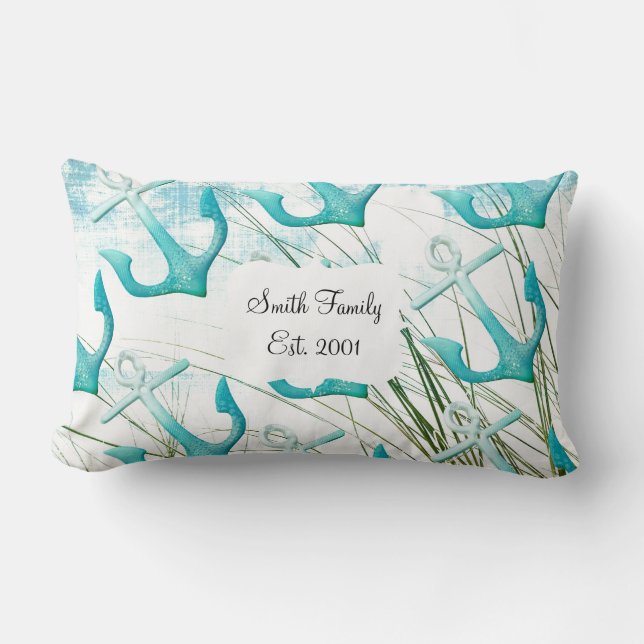 Nautical Anchors Beach Ocean Seaside Coastal Theme Lumbar Pillow (Front)