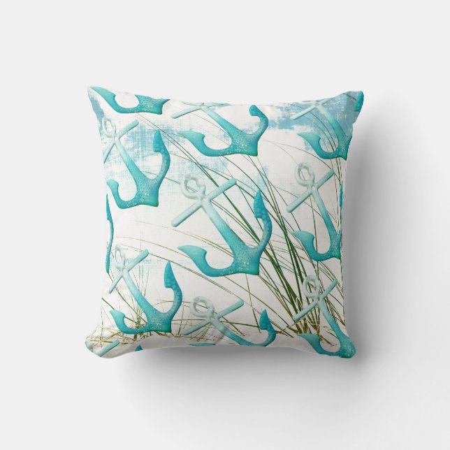 Nautical Anchors Beach Ocean Seaside Coastal Theme Throw Pillow (Front)