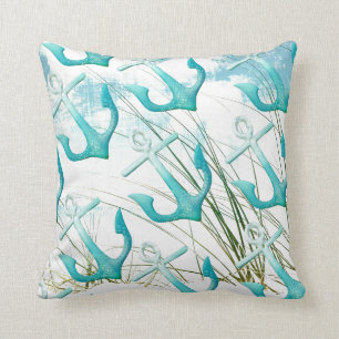 Nautical Anchors Beach Ocean Seaside Coastal Theme Throw Pillow
