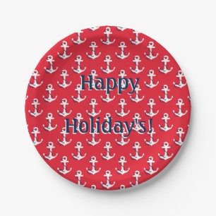 Nautical Anchors Customizable Holiday Message Paper Plate