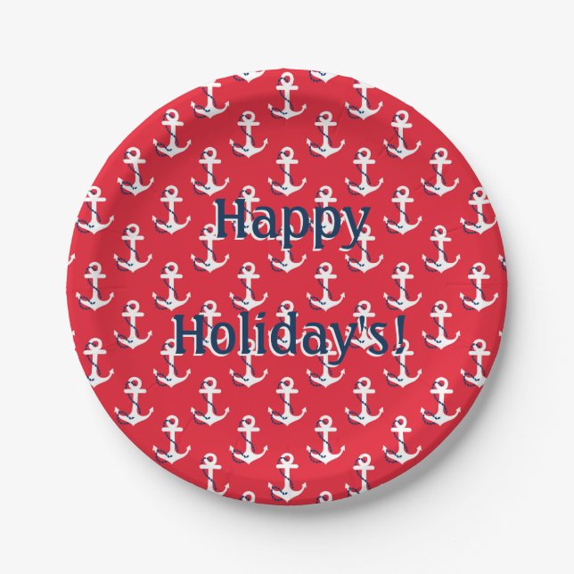 Nautical Anchors Customizable Holiday Message Paper Plate (Front)