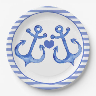 Nautical Anchors & Haert   Navy Striped Paper Plate
