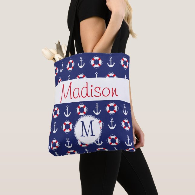 Nautical Anchors Navy Red Trendy Initial Monogram Tote Bag (Close Up)