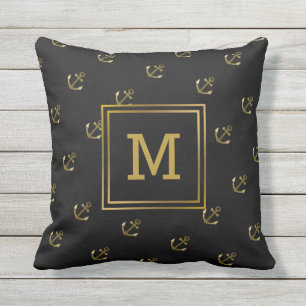 Nautical Anchors Pattern Black and Gold Monogram Outdoor Pillow