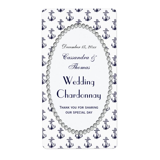 Nautical Anchors Pattern Pearl V Wine Bottle Label (Front)