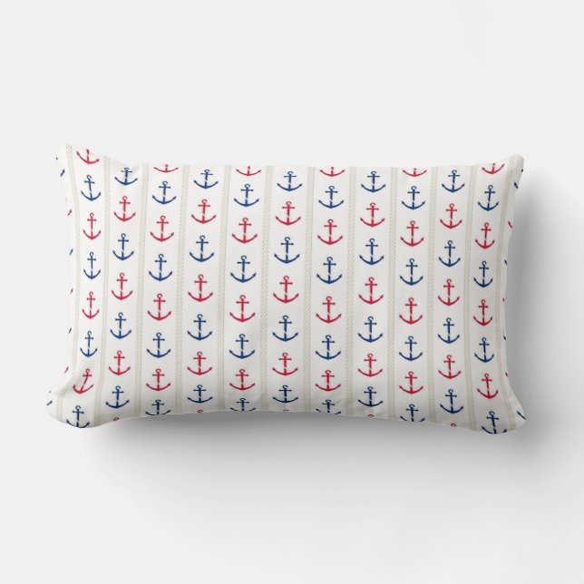 Nautical Anchors Red White Blue Lumbar Pillow (Front)