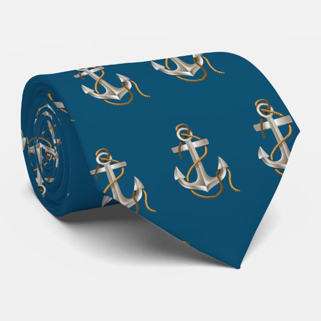 Nautical Anchors with Rope on Blue Tie (Rolled)