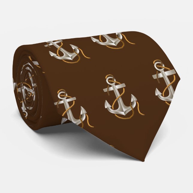 Nautical Anchors with Rope on Brown Tie (Rolled)