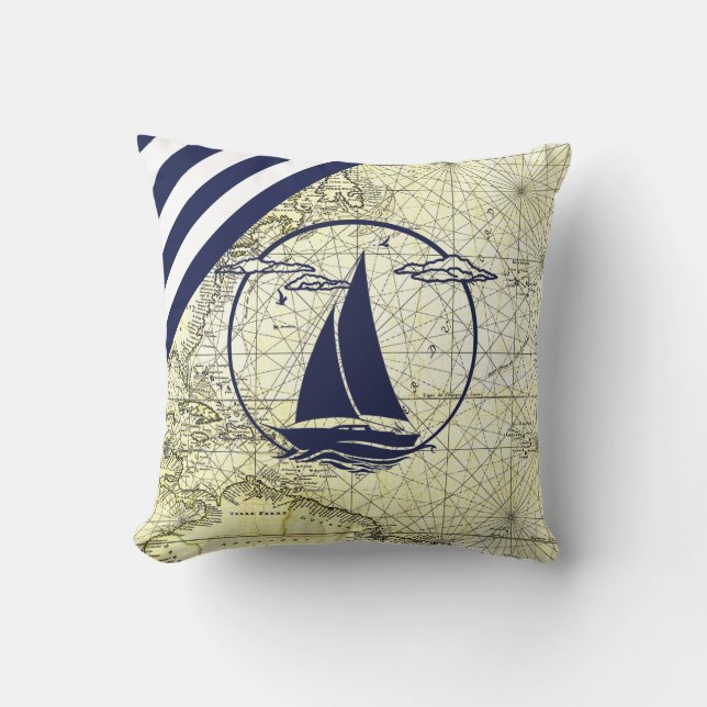 Nautical ancient map/sailboat/silhouette/navy blue throw pillow (Front)