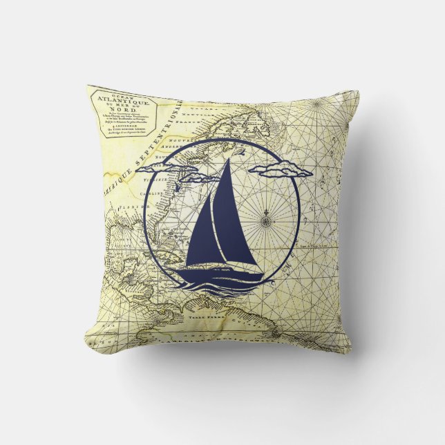 Nautical ancient map/sailboat/silhouette/navy blue throw pillow (Front)