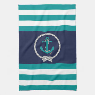Nautical aqua anchor/navy knot/blue/white stripe kitchen towel