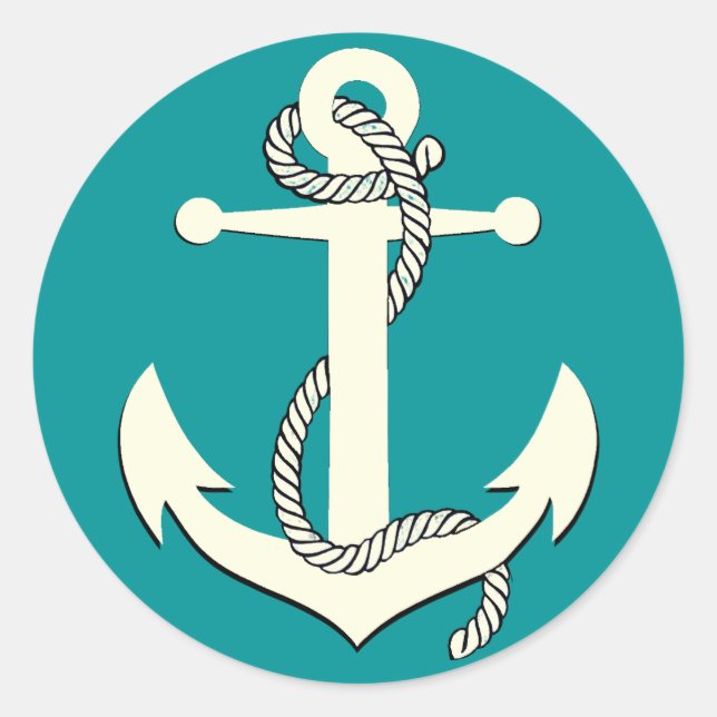 Nautical aqua blue silhouette anchor rope classic round sticker (Front)