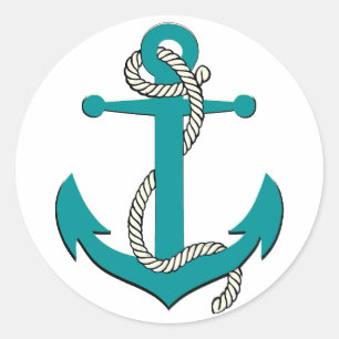 Nautical aqua blue silhouette anchor rope classic round sticker