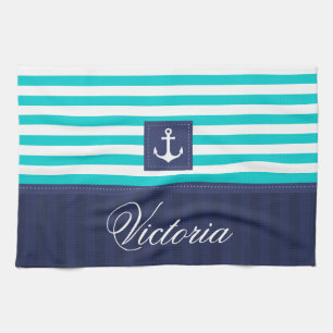 Nautical Aqua Blue Stripes Anchor Personalized Kitchen Towel