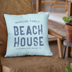 Nautical Aqua Blue & White Beach House Family Name Throw Pillow