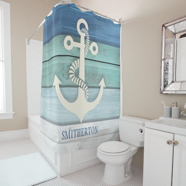 Nautical Aqua Blue White Distressed Wood Anchor (In Situ)
