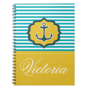 Nautical Aqua Blue Yellow Stripes Anchor Custom Notebook
