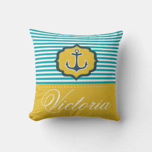 Nautical Aqua Blue Yellow Stripes Anchor Custom Throw Pillow