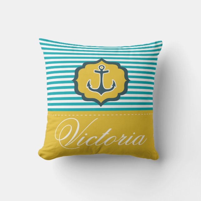 Nautical Aqua Blue Yellow Stripes Anchor Custom Throw Pillow (Front)