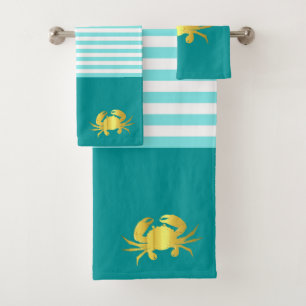 Nautical aqua/gold rock crab with stripes bath towel set