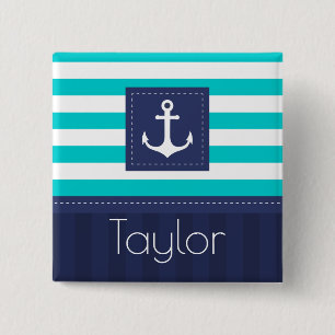 Nautical Aqua Navy Stripes Personalized Name 2 Inch Square Button