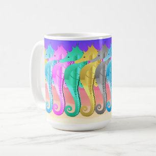 Nautical aqua/pink/blue/gold/silver seahorses coffee mug