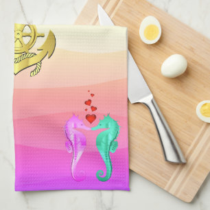 Nautical aqua/pink/kissing seahorses/hearts bath kitchen towel