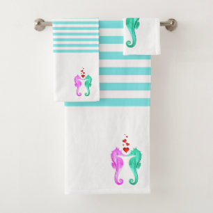Nautical aqua/pink/kissing seahorses/hearts bath towel set