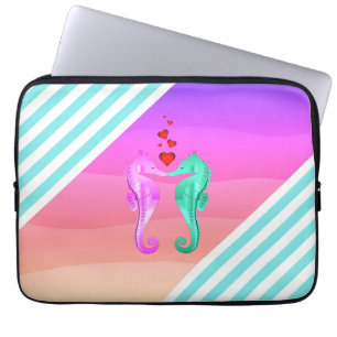 Nautical aqua/pink/seahorses kissing hearts  laptop sleeve