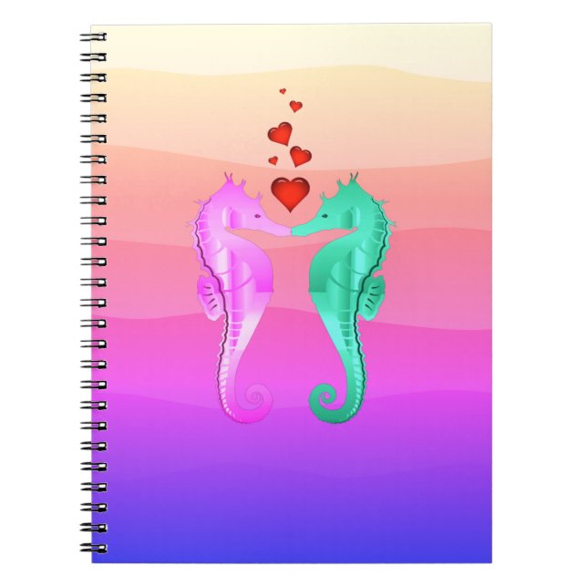 Nautical aqua/pink/seahorses kissing hearts notebo notebook (Front)