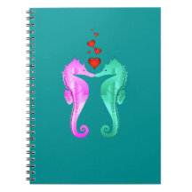 Nautical aqua/pink/seahorses kissing hearts notebo