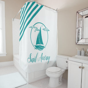 Nautical aqua sailboat silhouette/sail away/stripe