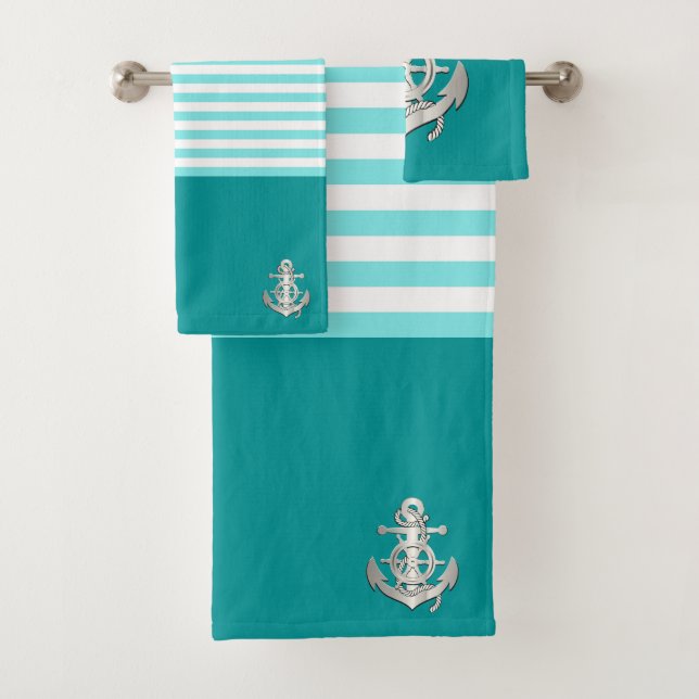 Nautical aqua/silver/grey ship anchor/wheel  bath towel set (Insitu)