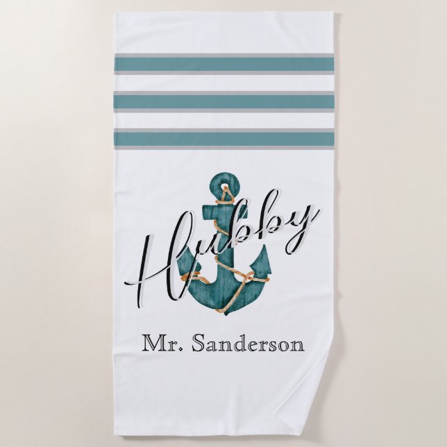 Nautical Aqua Teal Blue n White Floral Anchor   Beach Towel (Front)