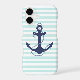 Nautical Aqua & White Stripes Navy Blue Anchor