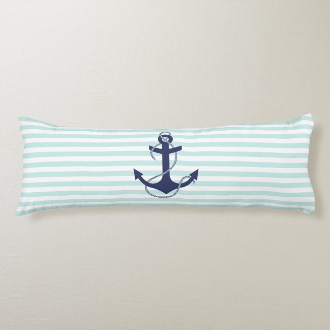 Nautical Aqua & White Stripes Navy Blue Anchor Body Pillow (Front)