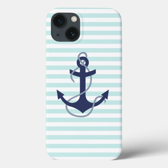 Nautical Aqua & White Stripes Navy Blue Anchor Case-Mate iPhone Case (Back)
