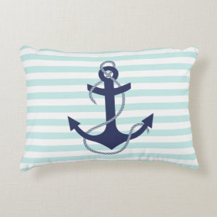 Nautical Aqua & White Stripes Navy Blue Anchor Decorative Pillow