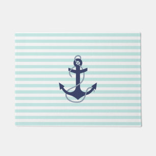 Nautical Aqua & White Stripes Navy Blue Anchor Doormat