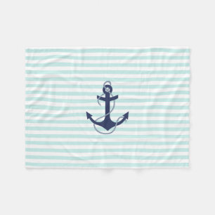Nautical Aqua & White Stripes Navy Blue Anchor Fleece Blanket