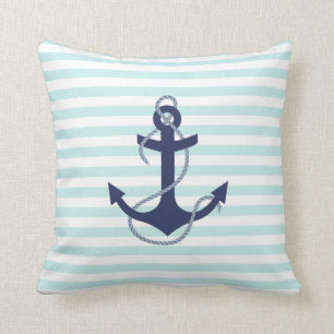 Nautical Aqua & White Stripes Navy Blue Anchor Throw Pillow