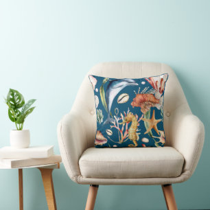 Nautical Aquatic Life Pattern / Blue  Throw Pillow